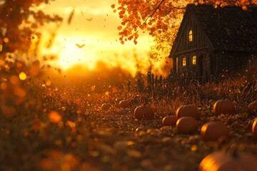 It's a Spooky Haunted House with Glowing Pumpkins in a Purple Sky.