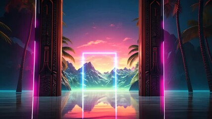 Poster - Mysterious door or portal with neon light in the jungle in synthwave style