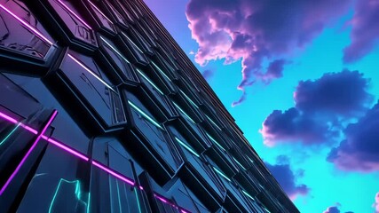 Poster - Vibrant sci-fi scene with synthwave styled towers in breathtaking perspective. Futuristic cyberpunk city in blue and purple colors