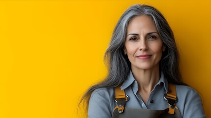 Poster - Portrait of a woman with gray hair wearing a blue shirt and an apron standing against a yellow wall.