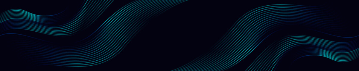 Poster - abstract green blue gradient wave curve shape with dark background design horizontal banner