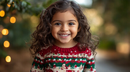 Xmas vibes - cute kid child wearing christmas outfit smiling at the camera. Horizontal banner 