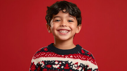 Xmas vibes - cute kid child wearing christmas outfit smiling at the camera. Horizontal banner 