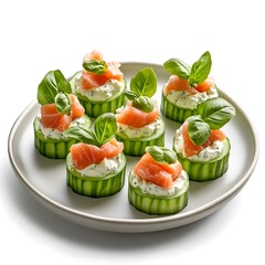 Gourmet cucumber bites with smoked salmon, cream cheese and fresh basil leaves