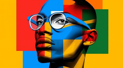 Sticker - Closeup portrait of a woman wearing eyeglasses against colorful abstract background.