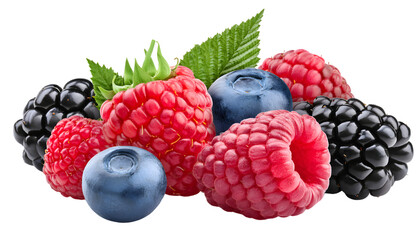 wild berries mix, raspberry, blueberry, blackberry, isolated on white background,