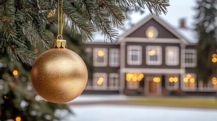 Sticker - A close-up of a clear glass Christmas ornament suspended from a tree branch, reflecting warm soft light in a minimalist holiday atmosphere at home