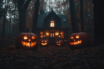 Ghostly Haunted House in the Fog on Halloween