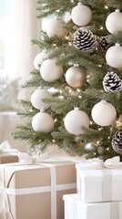 Sticker - A beautifully decorated Christmas tree features white and beige ornaments with wrapped gifts underneath. Delicate paper balls in neutral tones enhance the warm, elegant atmosphere