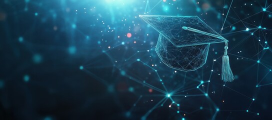 A digital graduation cap floating above an array of interconnected nodes, symbolizing the technology and global reach that power knowledge sharing in education Generative AI