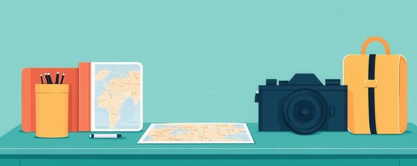 Traveler s desk with maps, camera, and travel guides, planning a trip, flat design illustration