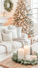 Wall Mural - This inviting Christmas living room showcases a white sofa, a beautifully decorated tree, and a wooden table adorned with gift boxes and candles, creating a festive atmosphere