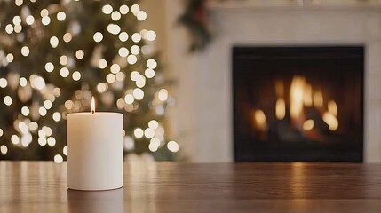 Sticker - An elegant white candle illuminates a warm living room decorated for Christmas, with a cozy fireplace and soft bokeh lights creating a serene atmosphere