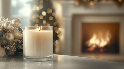 Sticker - An elegant white candle illuminates a warm living room decorated for Christmas, with a cozy fireplace and soft bokeh lights creating a serene atmosphere