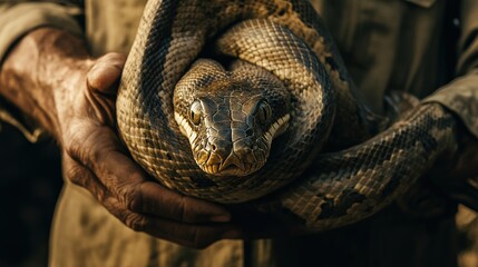 In a vibrant outdoor setting, a reptile handler carefully supports a large, exotic snake, showcasing the beauty and size of the creature