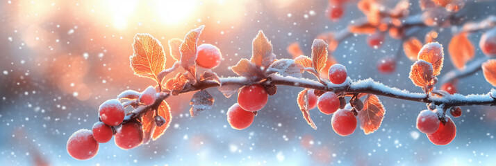 Wall Mural - Frost covered berries. Snowfall, winter sunlight, cold weather. Bokeh background.