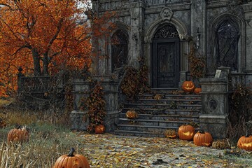 A Halloween Haunted Mansion is illuminated by Jack-o'-lanterns