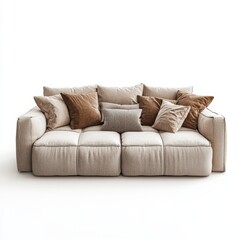 Poster - Cozy modern sofa with multiple cushions in neutral tones arranged for a stylish living room