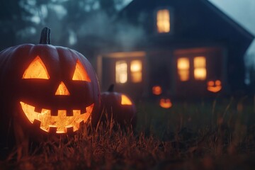 A dark forest with Jack-o-lanterns glowing against a haunted house