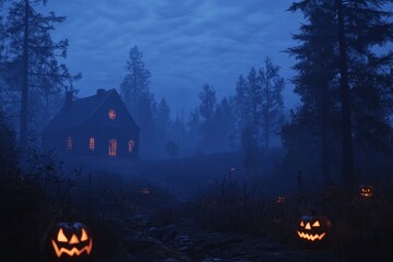 Jack-o'-Lanterns under the full moon haunt an old mansion