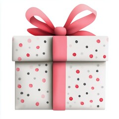 Poster - Colorful gift box with a pink ribbon and polka dots on a white surface