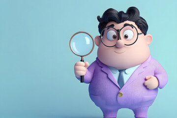 Wall Mural - A 3D cartoon character in a purple suit holding a magnifying glass, posed against a light blue background.