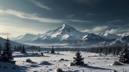 realistic illustration of a landscape of a snow mountain