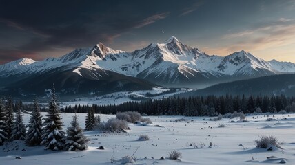 realistic illustration of a landscape of a snow mountain