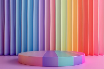 Poster - A colorful, striped wall with a pink, white, and blue pedestal in the middle