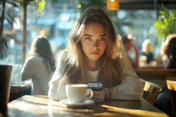 A woman sits in a bustling cafe with a coffee while discreetly gambling on her phone during a busy afternoon