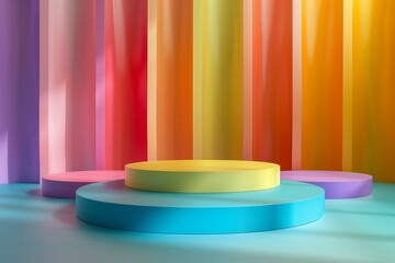 Wall Mural - A colorful stage with three round platforms in a rainbow color