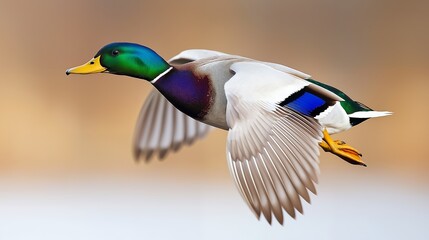 Wall Mural - A mallard duck with green, blue, and white feathers flies with its wings outstretched.