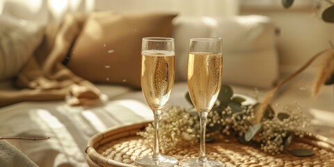 Charming domestic ambiance featuring two glasses of champagne, embodying summer essence.