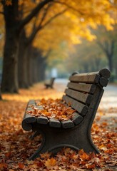 Canvas Print - Park Bench Covered in Autumn Leaves: Seasonal Scene