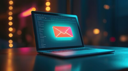 Poster - Laptop displaying glowing email icon, modern workspace ambiance
