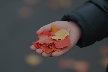 Wall Mural - Child's Hand with Autumn Leaves: Fall Colors