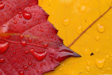 Canvas Print - Red and Yellow Autumn Leaves with Water Drops: Close-Up