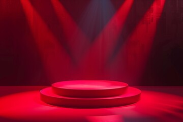 A red stage with two red platforms and red lights