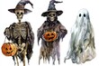 © VIK - Halloween Illustrations with Skeletons, Pumpkins, and Ghosts in Watercolor