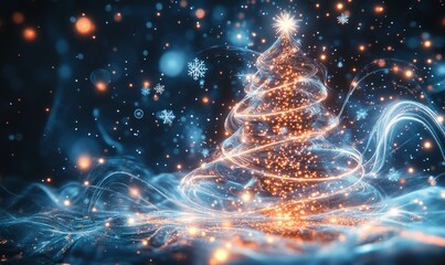 A glowing Christmas tree composed of transparent spheres and twinkling lights, surrounded by softly falling snowflakes and abstract swirling patterns