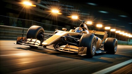 A racing car on a track in the rays of the setting sun, demonstrating speed and power. Dynamic image with bright reflections, emphasizing the aerodynamics and engineering skill of the racing car