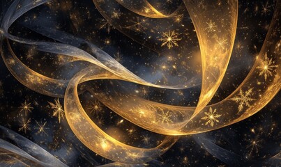 An abstract composition of swirling golden ribbons, snowflakes, and glowing stars, blending seamlessly into a dark winter background with subtle light accents