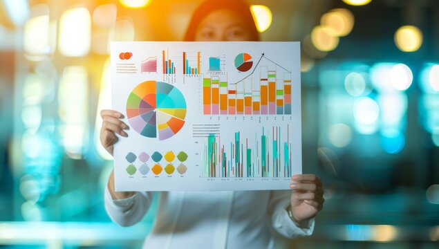 Person holding up an old-fashioned paper chart with colorful graphs and bar charts, analyzes data on a wall covered with charts and graphs, using a marker to highlight information bright workspace