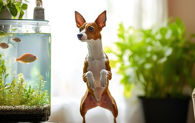 A curious dog watches fish swim in an aquarium, intrigued by the vibrant aquatic life in a cozy indoor setting