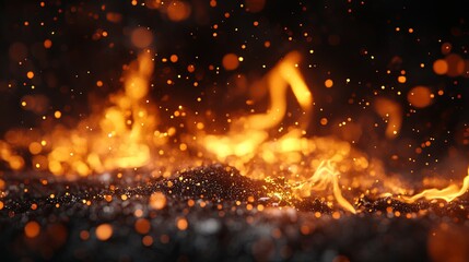 Fiery golden flames with embers and sparks, dark backdrop highlighting the vibrant glow of the fire.