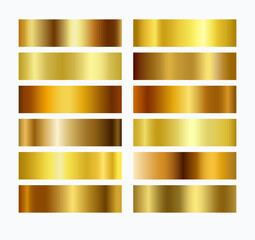 Wall Mural - Gold foil texture background set. Vector golden, copper, brass and metal gradient templates