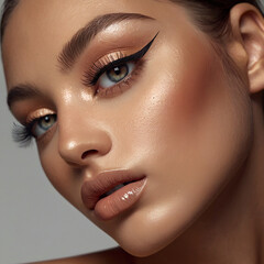 Glamorous Woman with Cat-Eye Eyeliner, Classic Beauty Makeup Close-Up