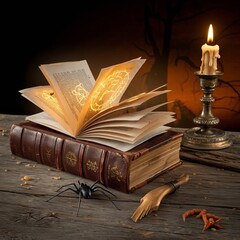 Mystical spellbook with glowing symbols representing arcane knowledge in atmospheric candlelit setting