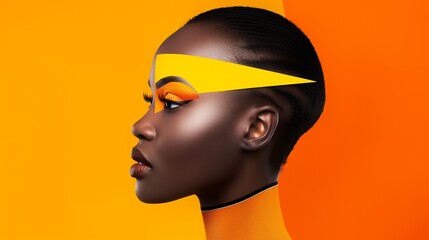 Sticker - A close-up of a beautiful woman with yellow and orange makeup on her face, looking to the side.