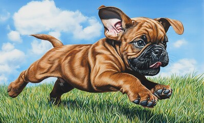 A playful puppy leaps joyfully across a vibrant green field under a bright blue sky dotted with fluffy white clouds